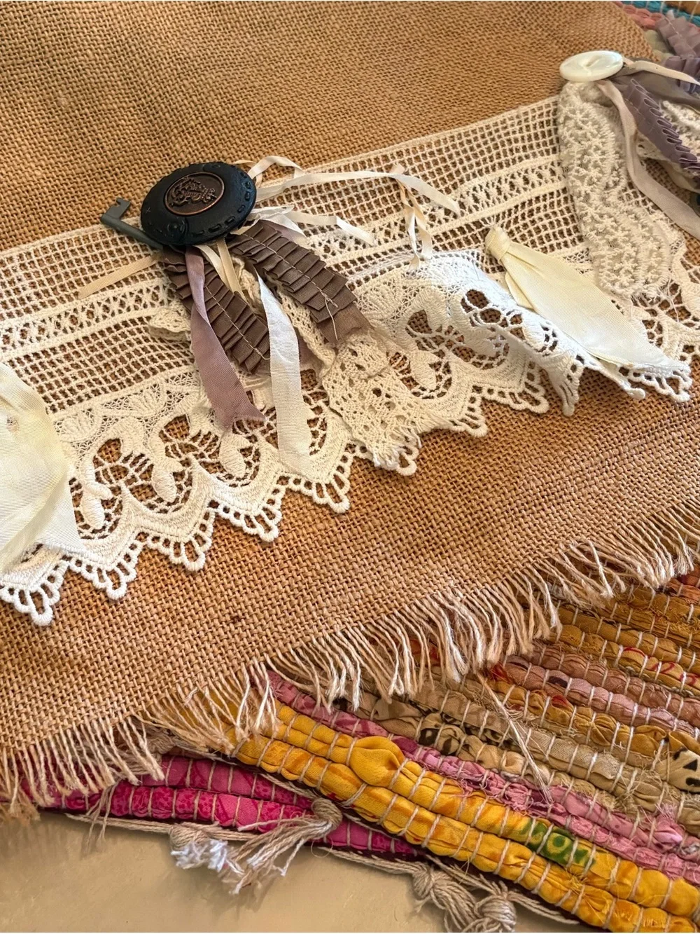 Boho Burlap Decorative Pillow with Lace Trim and Tassels - Neutral